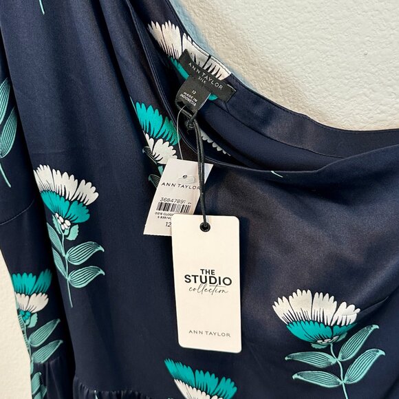 Ann Taylor Silk Navy Floral One Shoulder Dress - Picture 6 of 8